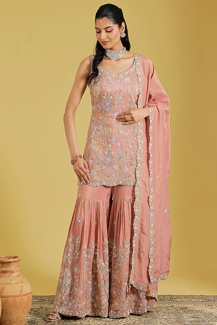 Peach Tissue Embroidered Gharara Set by MeenaGurnam at Pernia's Pop Up Shop
