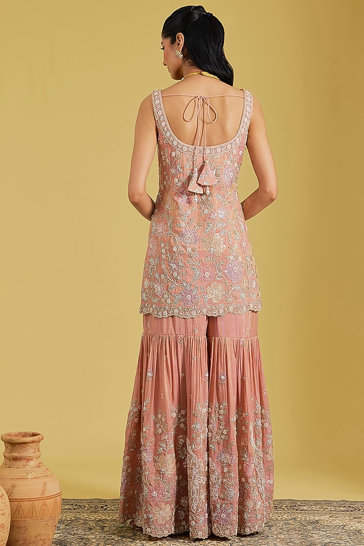 Peach Tissue Embroidered Gharara Set by MeenaGurnam at Pernia's Pop Up Shop