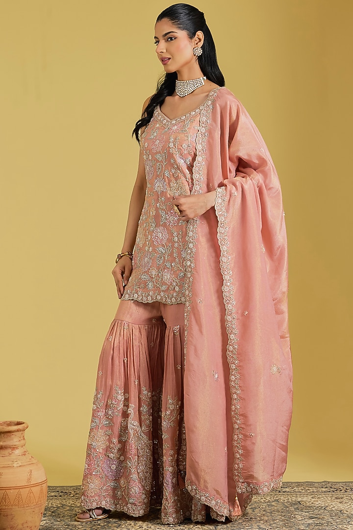 Peach Tissue Embroidered Gharara Set by MeenaGurnam at Pernia's Pop Up Shop