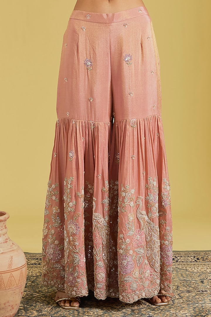Peach Tissue Embroidered Gharara Set by MeenaGurnam at Pernia's Pop Up Shop