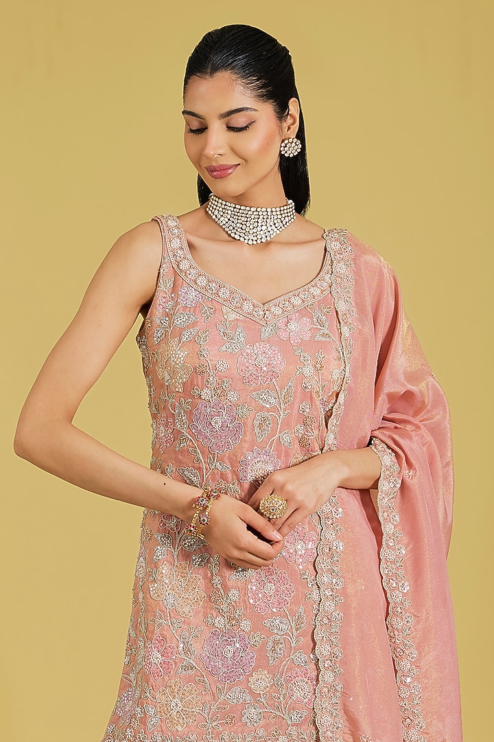 Peach Tissue Embroidered Gharara Set by MeenaGurnam at Pernia's Pop Up Shop