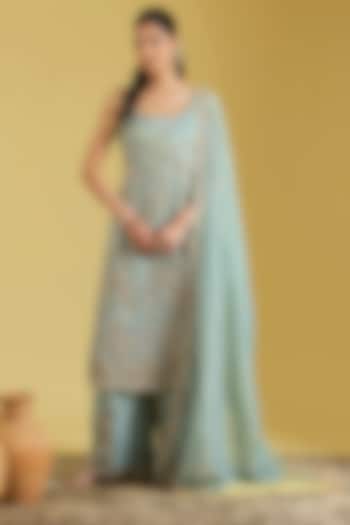 Ice Blue Tissue Embroidered Gharara Set by MeenaGurnam at Pernia's Pop Up Shop