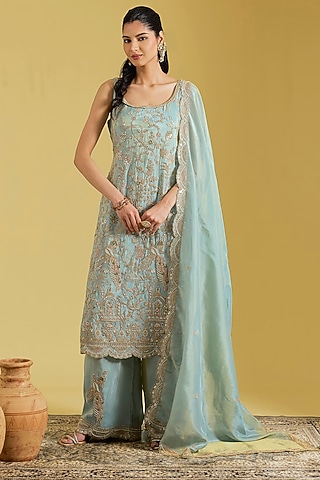 Ice Blue Tissue Embroidered Gharara Set by MeenaGurnam