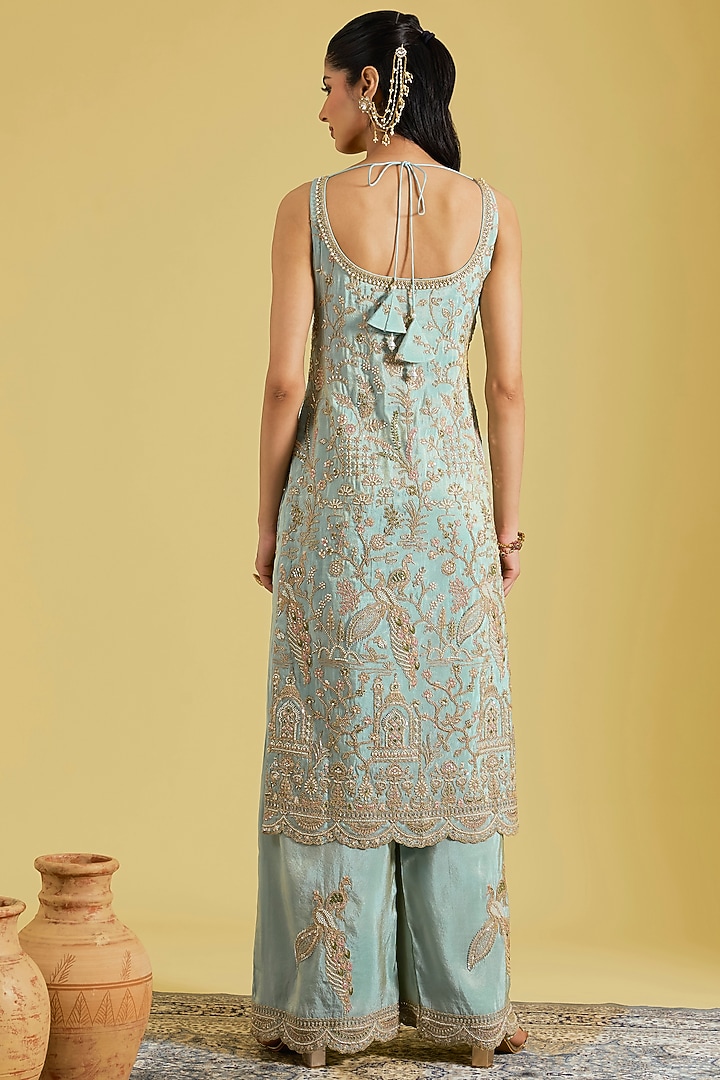 Ice Blue Tissue Embroidered Gharara Set by MeenaGurnam at Pernia's Pop Up Shop