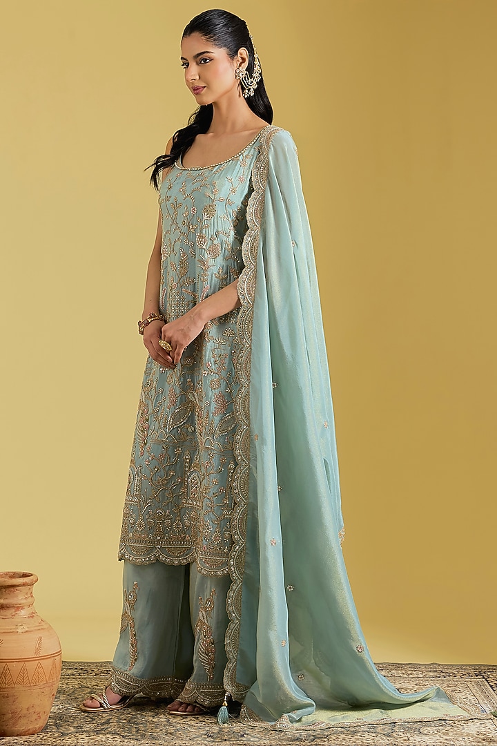 Ice Blue Tissue Embroidered Gharara Set by MeenaGurnam at Pernia's Pop Up Shop