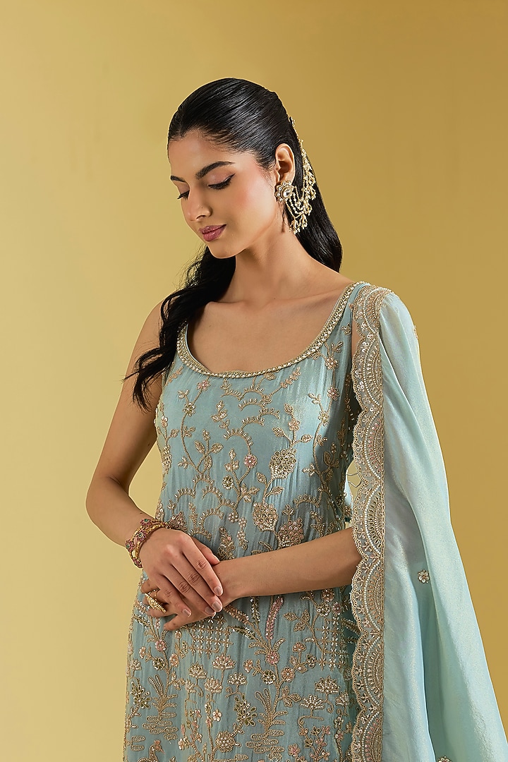Ice Blue Tissue Embroidered Gharara Set by MeenaGurnam at Pernia's Pop Up Shop