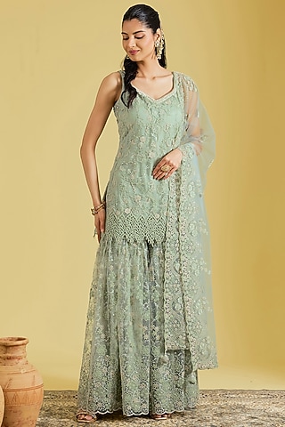 Pista Net Embroidered Gharara Set by MeenaGurnam