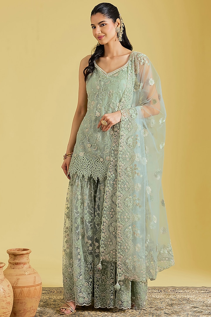Pista Net Embroidered Gharara Set by MeenaGurnam at Pernia's Pop Up Shop