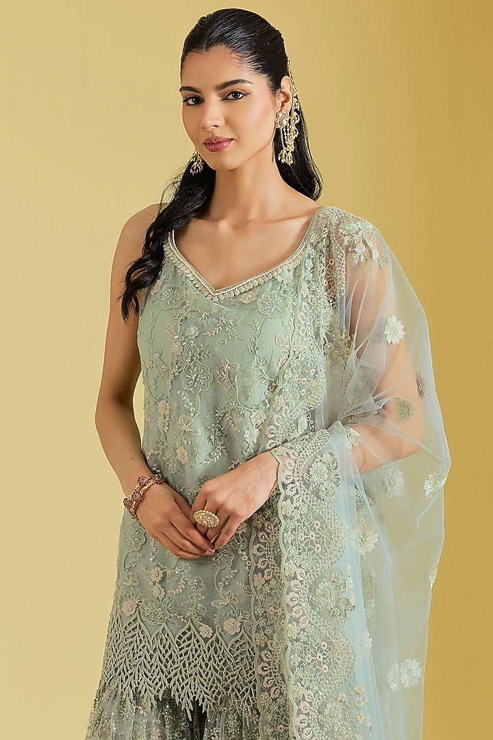 Pista Net Embroidered Gharara Set by MeenaGurnam at Pernia's Pop Up Shop