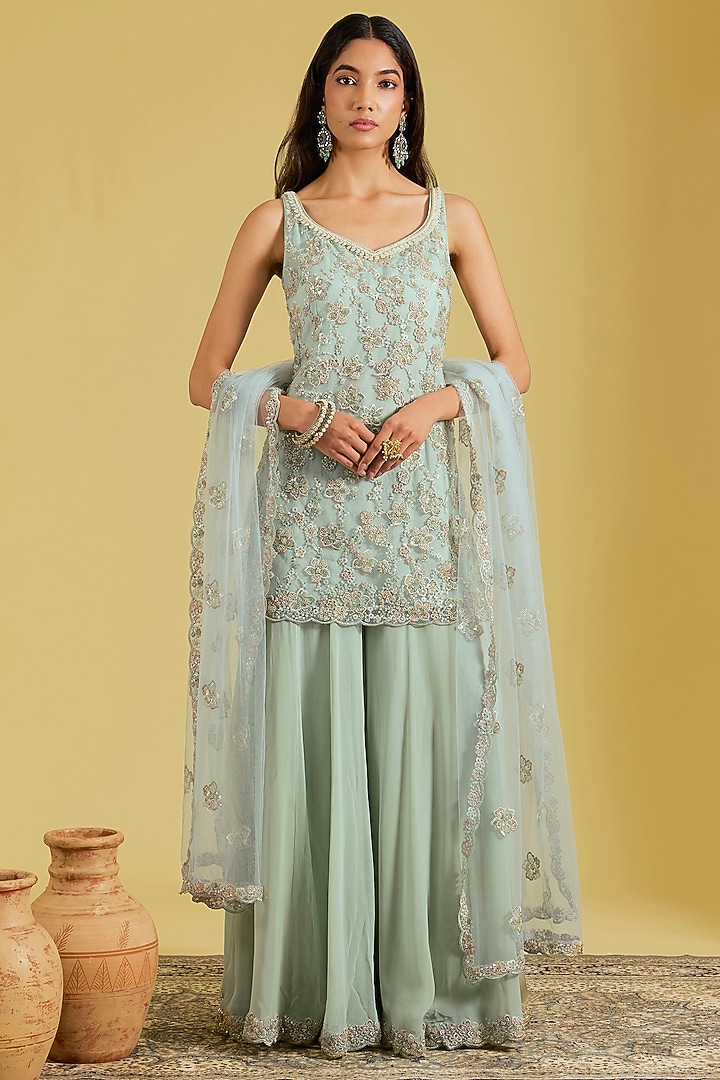 Pista Net Embroidered Gharara Set by MeenaGurnam at Pernia's Pop Up Shop