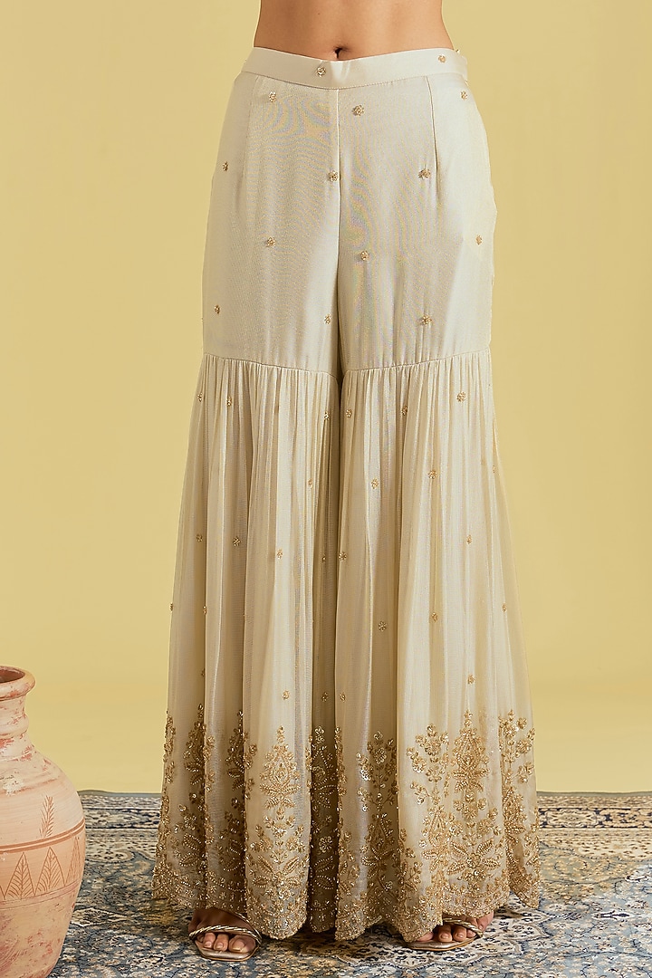 Beige Tissue Embroidered Gharara Set by MeenaGurnam at Pernia's Pop Up Shop