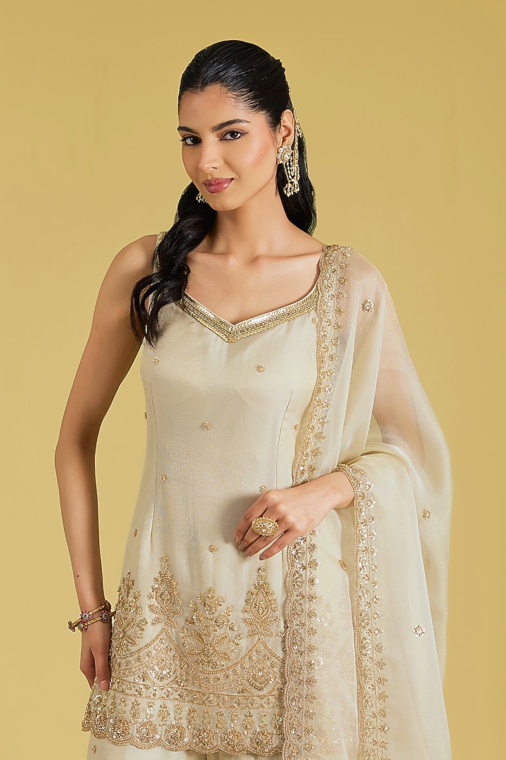 Beige Tissue Embroidered Gharara Set by MeenaGurnam at Pernia's Pop Up Shop