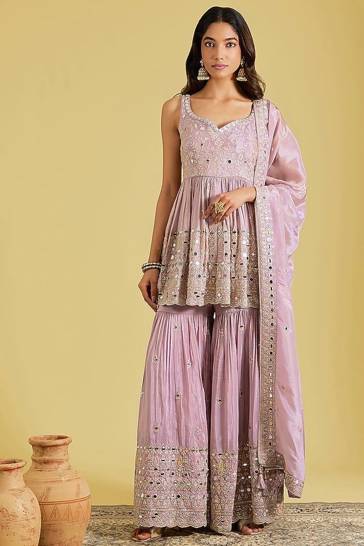 Lilac Tissue Embellished Gharara Set by MeenaGurnam at Pernia's Pop Up Shop