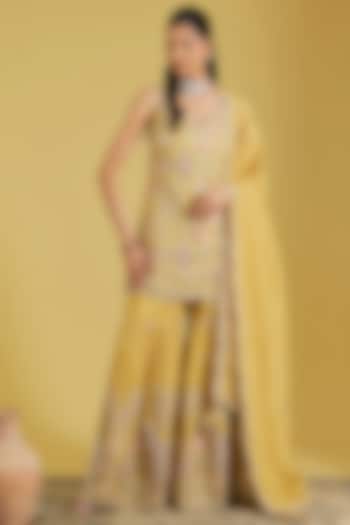 Mustard Tissue Embroidered Gharara Set by MeenaGurnam at Pernia's Pop Up Shop