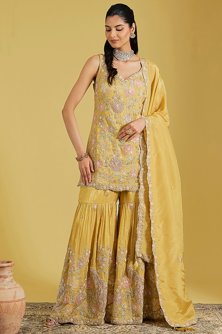 Mustard Tissue Embroidered Gharara Set by MeenaGurnam at Pernia's Pop Up Shop