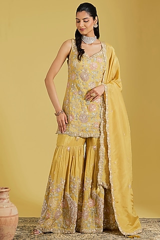 Mustard Tissue Embroidered Gharara Set by MeenaGurnam