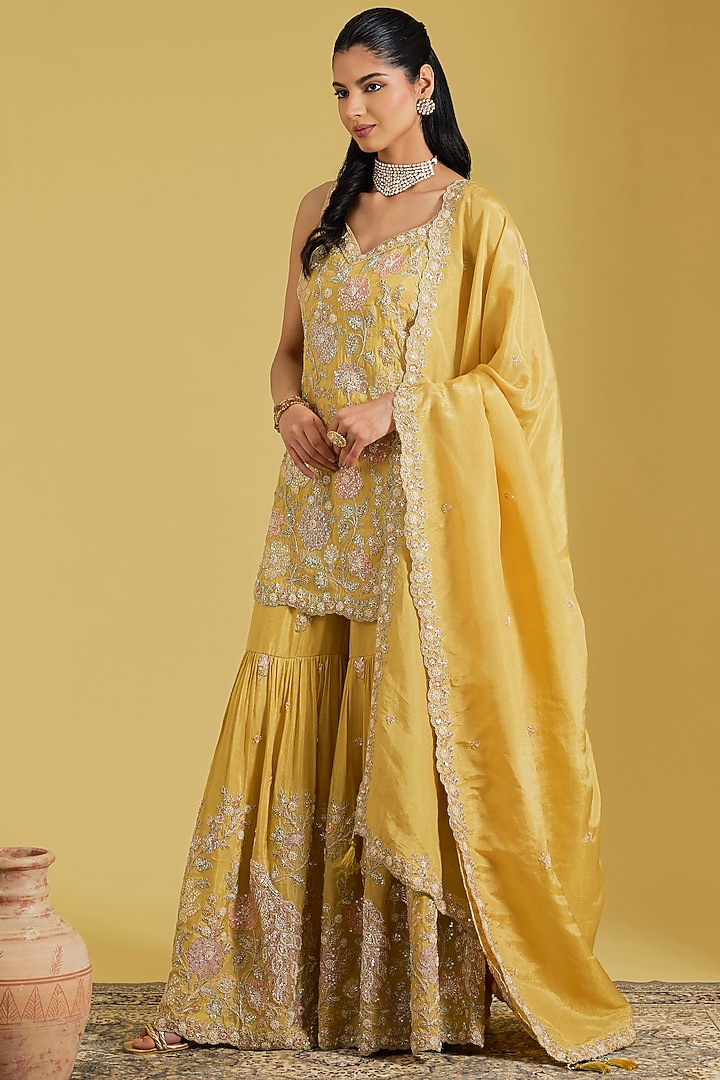 Mustard Tissue Embroidered Gharara Set by MeenaGurnam at Pernia's Pop Up Shop