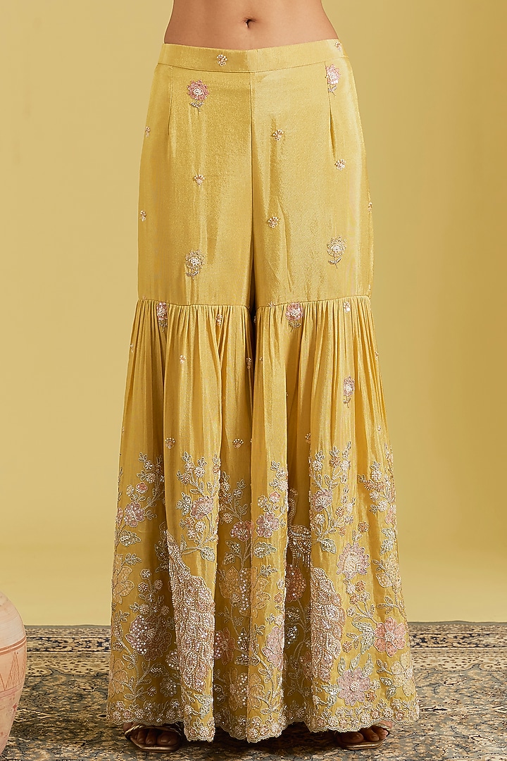 Mustard Tissue Embroidered Gharara Set by MeenaGurnam at Pernia's Pop Up Shop