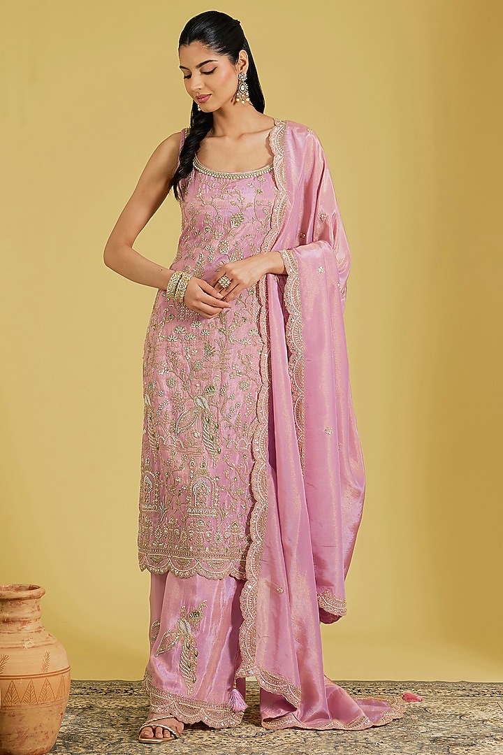 Pink Tissue Embroidered Gharara Set by MeenaGurnam at Pernia's Pop Up Shop