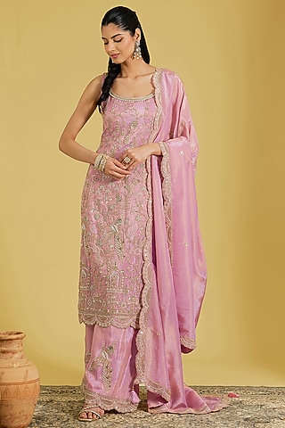 Pink Tissue Embroidered Gharara Set by MeenaGurnam