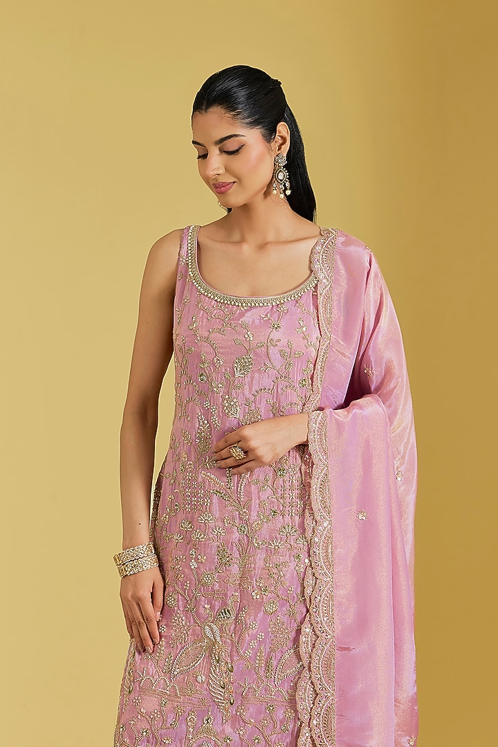 Pink Tissue Embroidered Gharara Set by MeenaGurnam at Pernia's Pop Up Shop