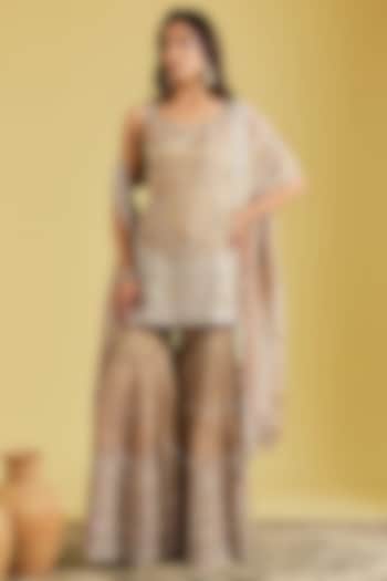 Mouse-Colored Tissue Embroidered Gharara Set by MeenaGurnam at Pernia's Pop Up Shop