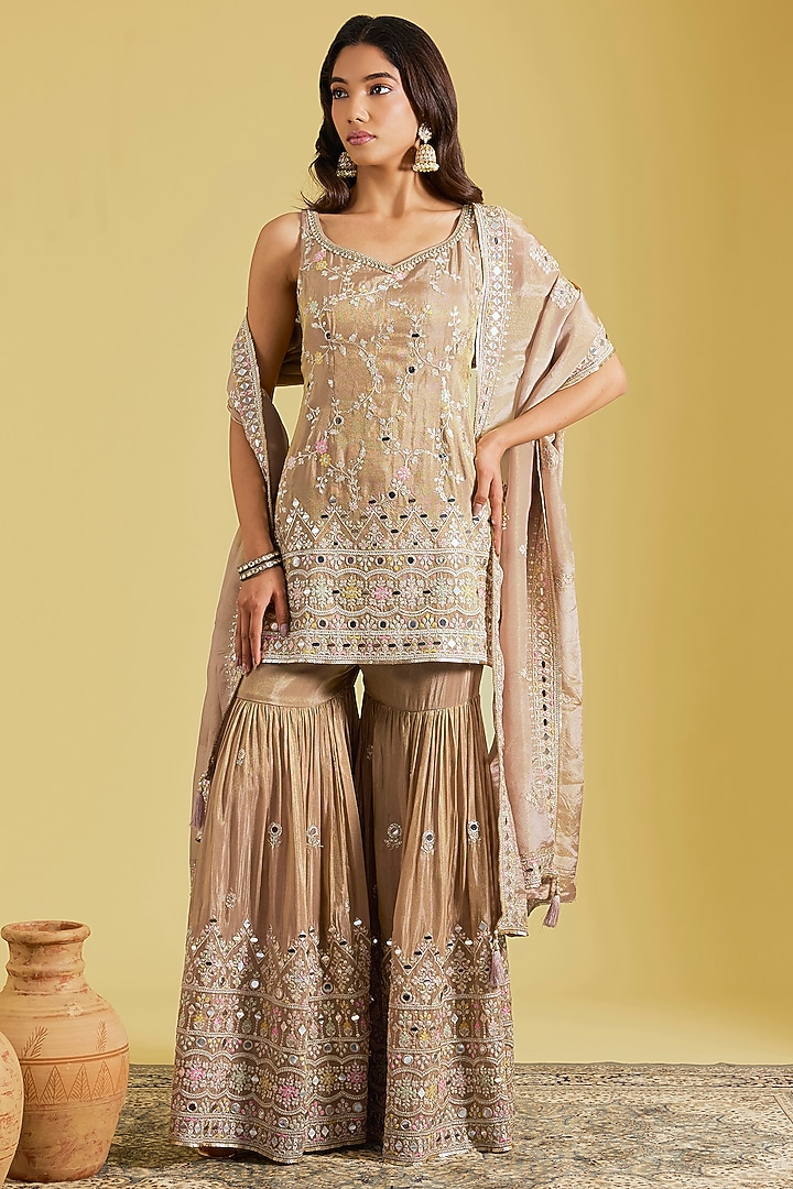 Mouse-Colored Tissue Embroidered Gharara Set by MeenaGurnam at Pernia's Pop Up Shop