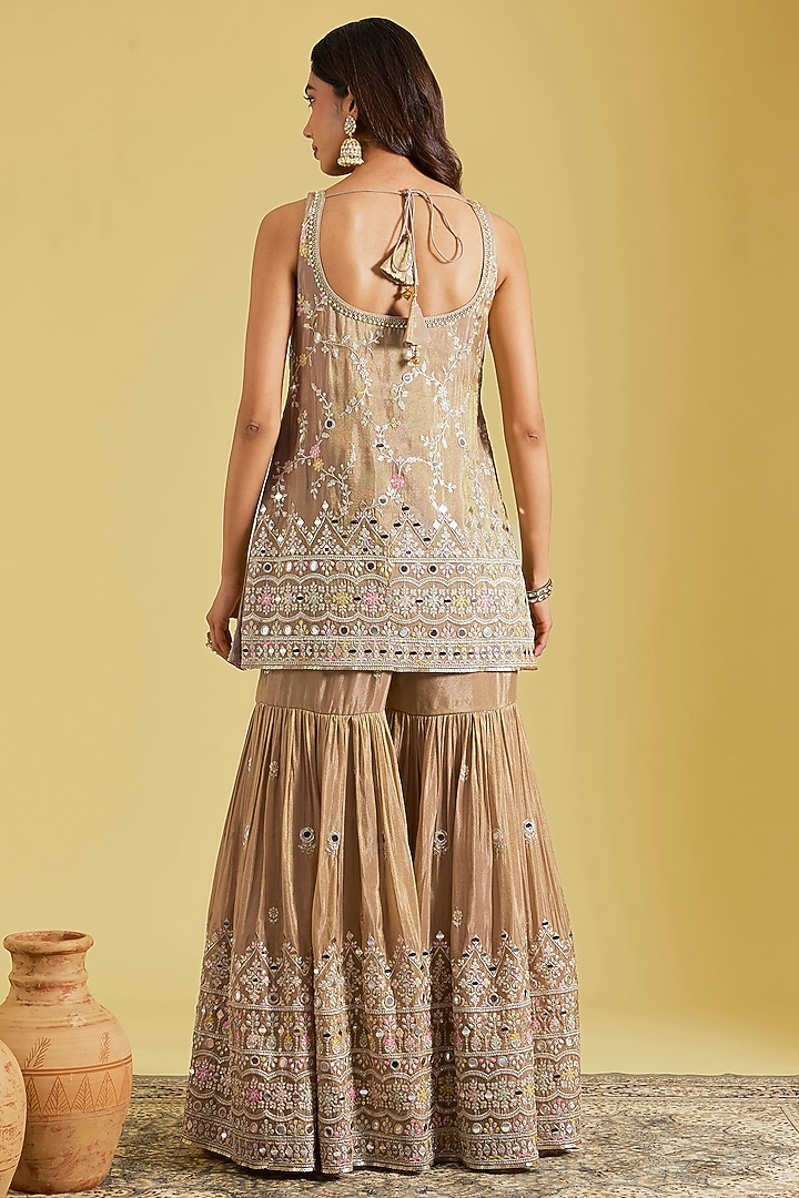 Mouse-Colored Tissue Embroidered Gharara Set by MeenaGurnam at Pernia's Pop Up Shop