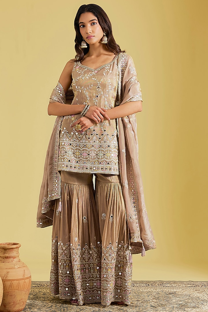 Mouse-Colored Tissue Embroidered Gharara Set by MeenaGurnam at Pernia's Pop Up Shop