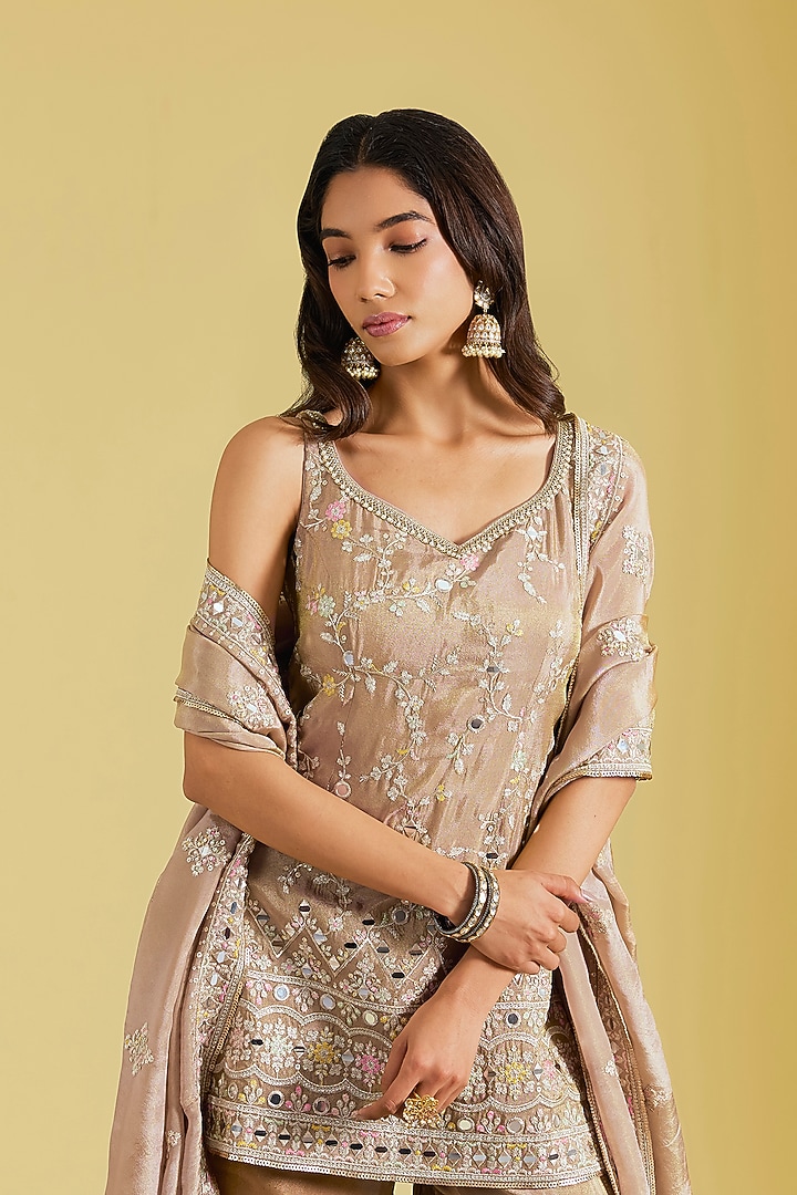 Mouse-Colored Tissue Embroidered Gharara Set by MeenaGurnam at Pernia's Pop Up Shop