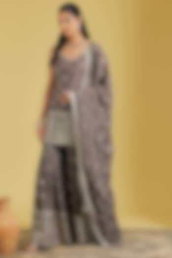 Mouse-Colored Georgette Embroidered Gharara Set by MeenaGurnam at Pernia's Pop Up Shop