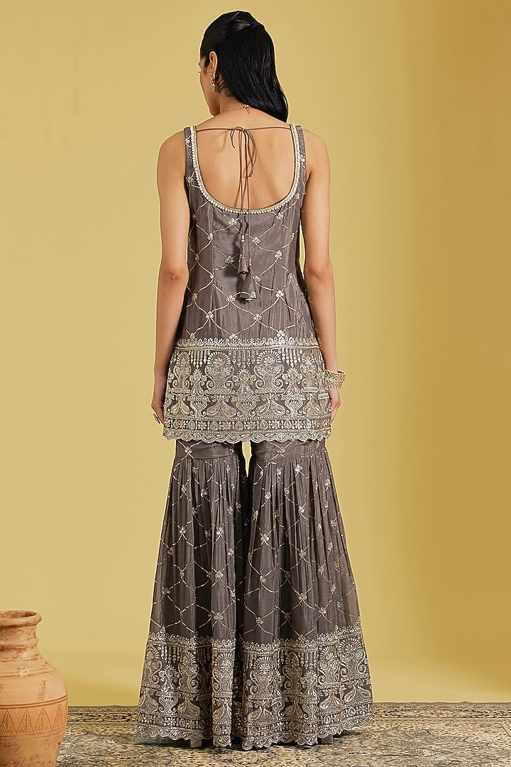 Mouse-Colored Georgette Embroidered Gharara Set by MeenaGurnam at Pernia's Pop Up Shop