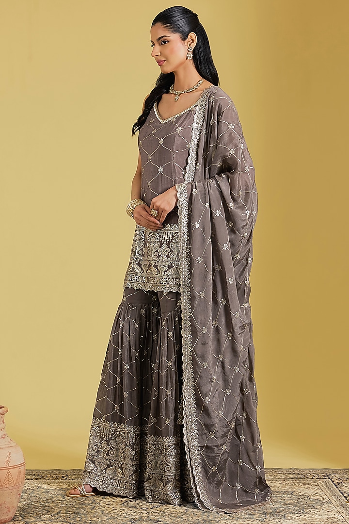 Mouse-Colored Georgette Embroidered Gharara Set by MeenaGurnam at Pernia's Pop Up Shop