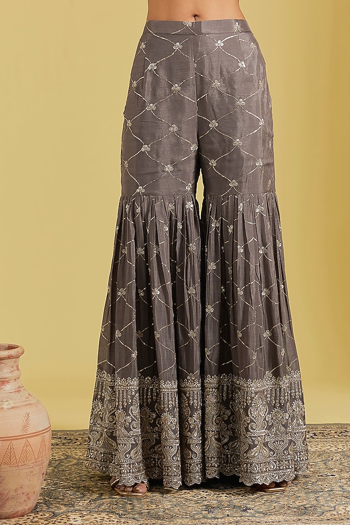Mouse-Colored Georgette Embroidered Gharara Set by MeenaGurnam at Pernia's Pop Up Shop