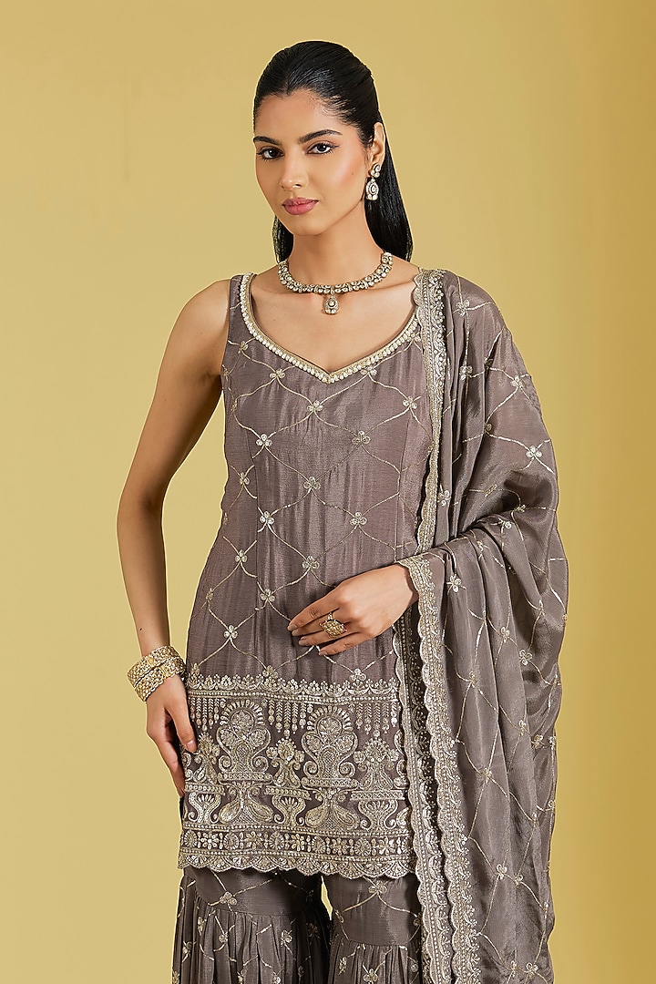 Mouse-Colored Georgette Embroidered Gharara Set by MeenaGurnam at Pernia's Pop Up Shop