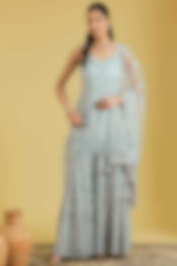 Grey Net Embroidered Gharara Set by MeenaGurnam at Pernia's Pop Up Shop
