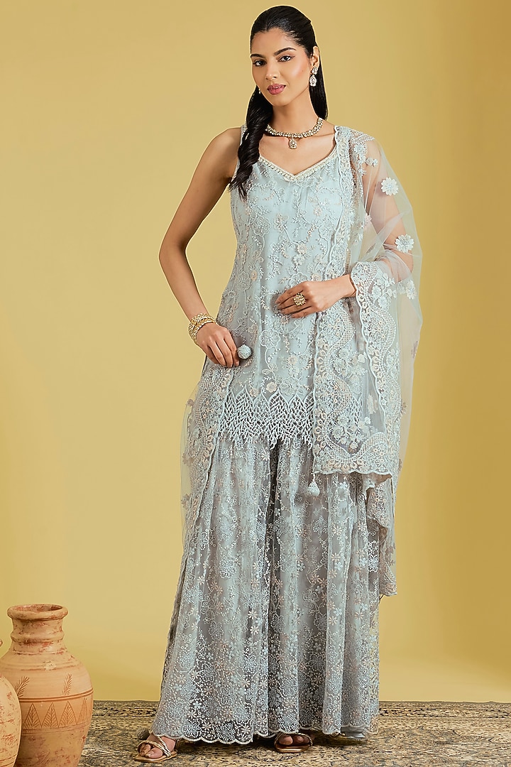 Grey Net Embroidered Gharara Set by MeenaGurnam at Pernia's Pop Up Shop