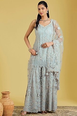 Grey Net Embroidered Gharara Set by MeenaGurnam