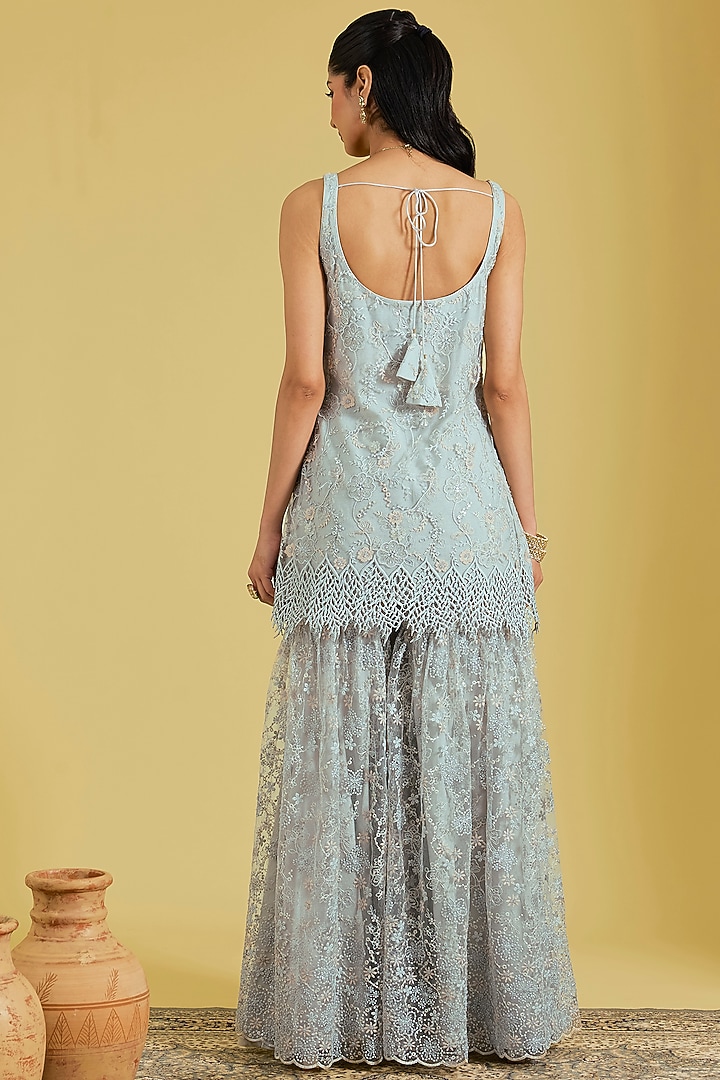 Grey Net Embroidered Gharara Set by MeenaGurnam at Pernia's Pop Up Shop