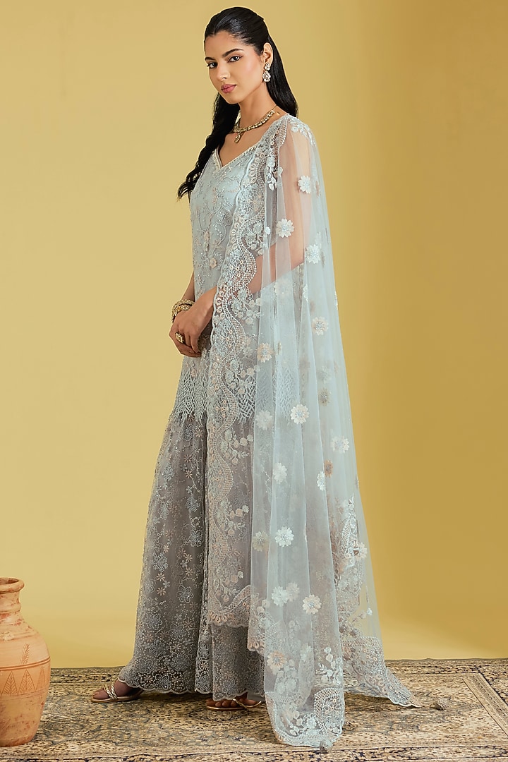Grey Net Embroidered Gharara Set by MeenaGurnam at Pernia's Pop Up Shop