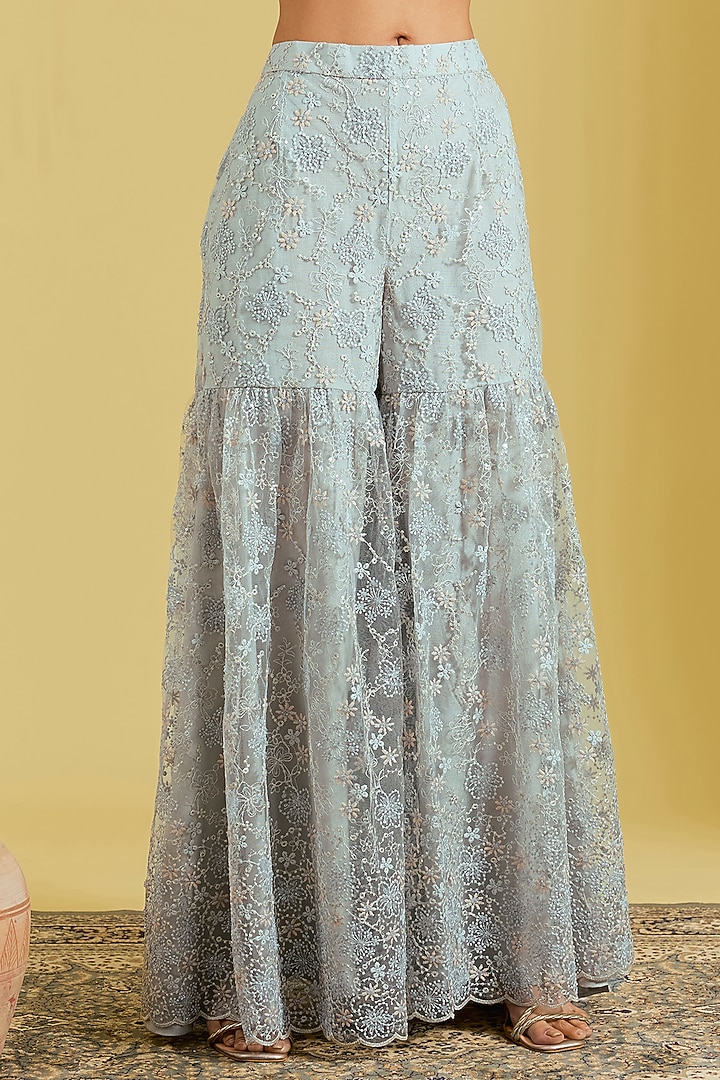 Grey Net Embroidered Gharara Set by MeenaGurnam at Pernia's Pop Up Shop