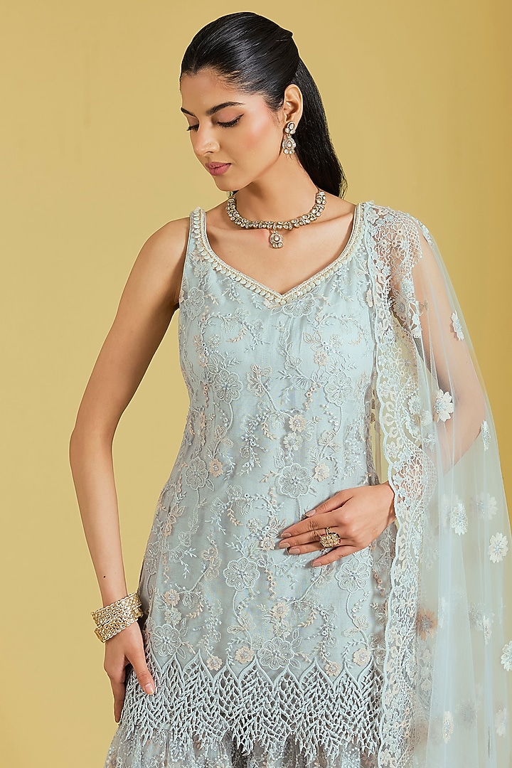 Grey Net Embroidered Gharara Set by MeenaGurnam at Pernia's Pop Up Shop