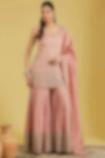 Peach Tissue Embroidered Gharara Set by MeenaGurnam at Pernia's Pop Up Shop