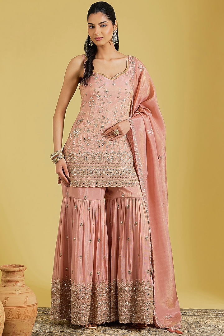 Peach Tissue Embroidered Gharara Set by MeenaGurnam at Pernia's Pop Up Shop