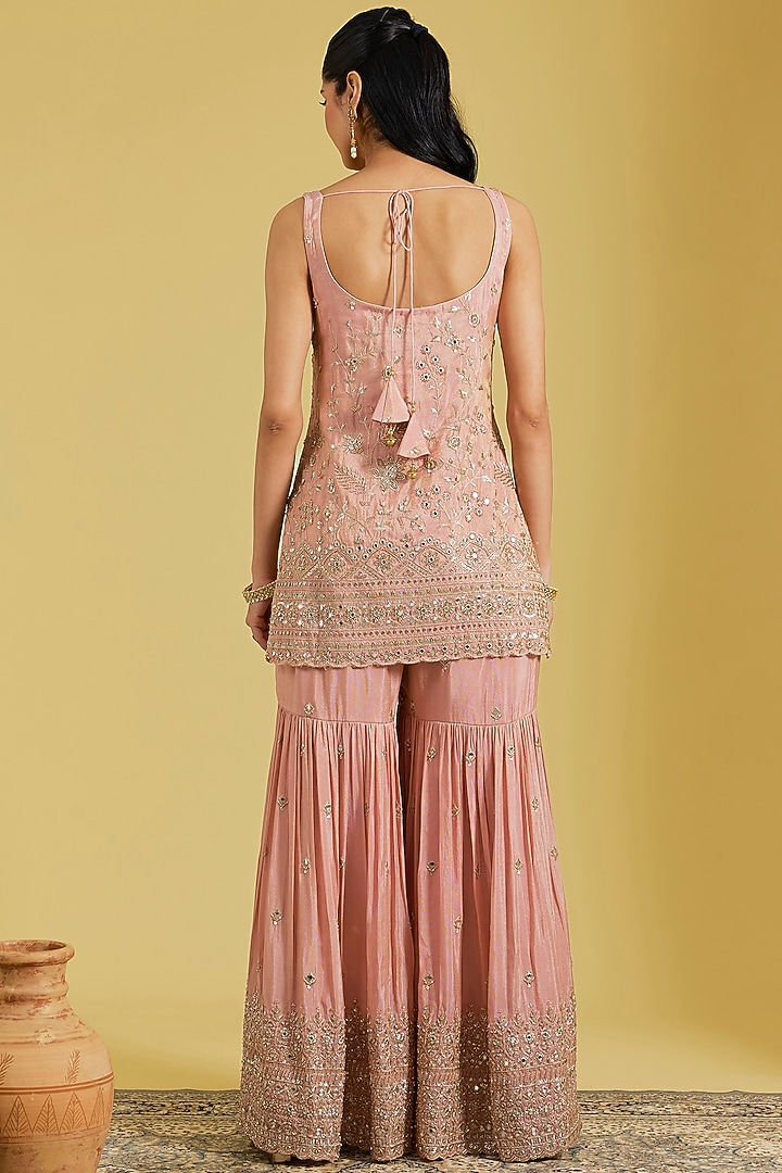 Peach Tissue Embroidered Gharara Set by MeenaGurnam at Pernia's Pop Up Shop