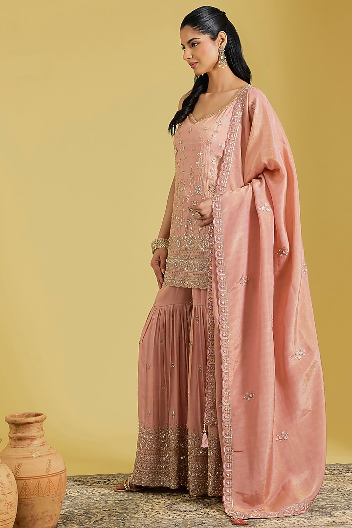 Peach Tissue Embroidered Gharara Set by MeenaGurnam at Pernia's Pop Up Shop
