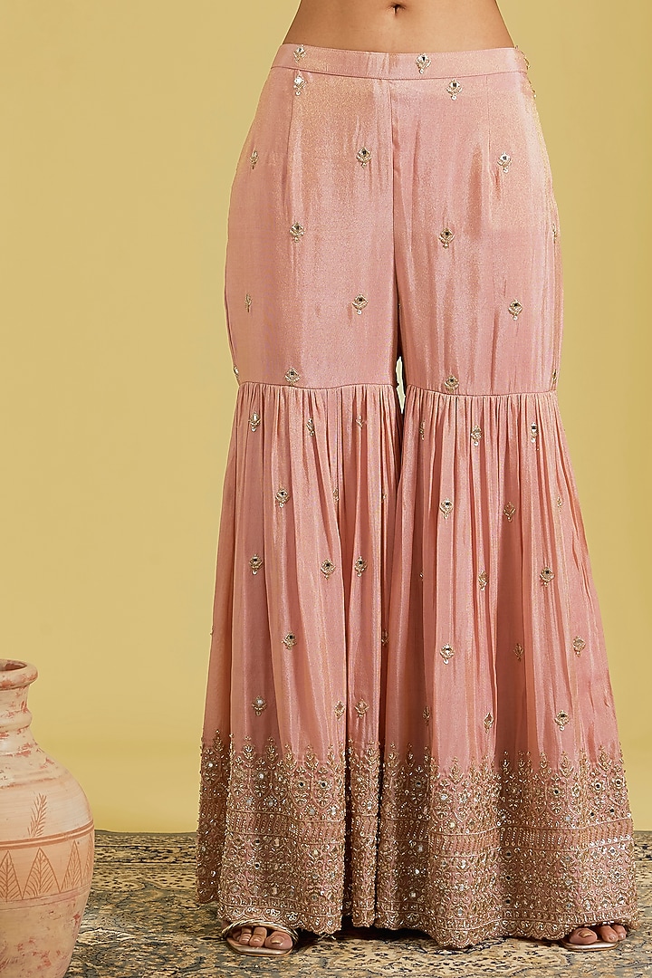 Peach Tissue Embroidered Gharara Set by MeenaGurnam at Pernia's Pop Up Shop