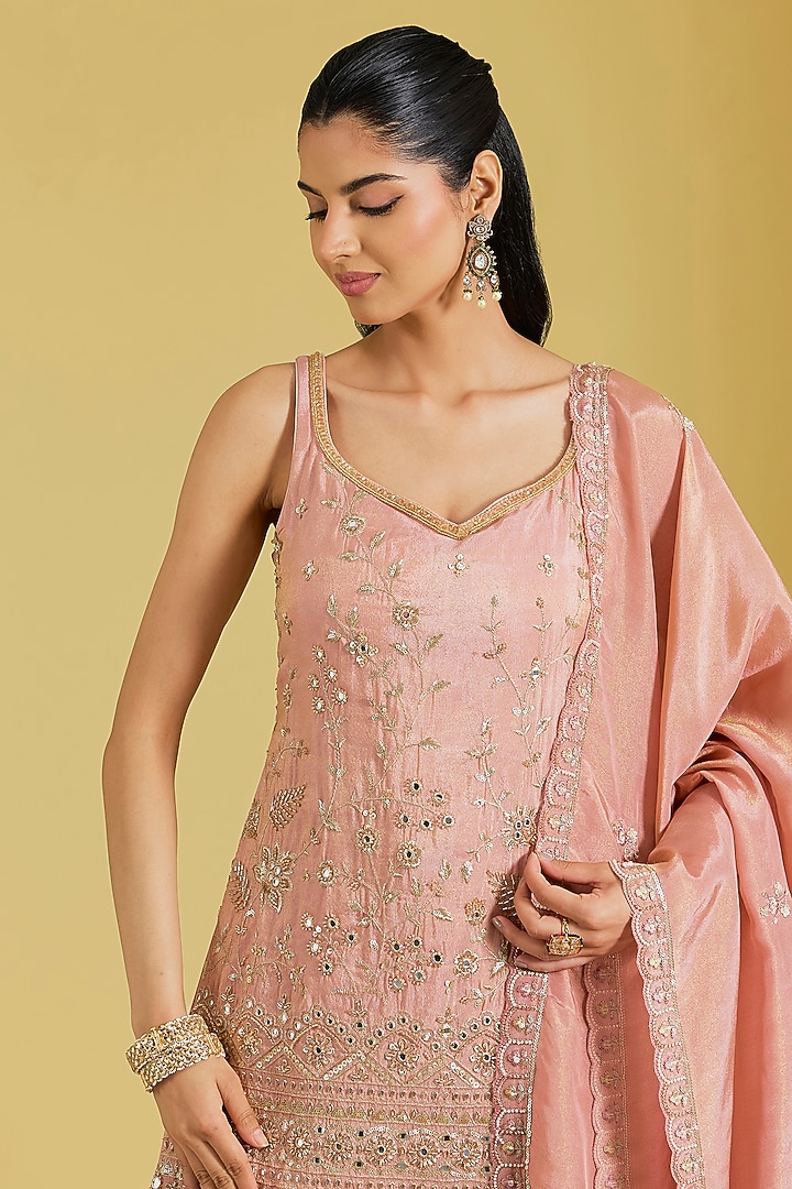 Peach Tissue Embroidered Gharara Set by MeenaGurnam at Pernia's Pop Up Shop