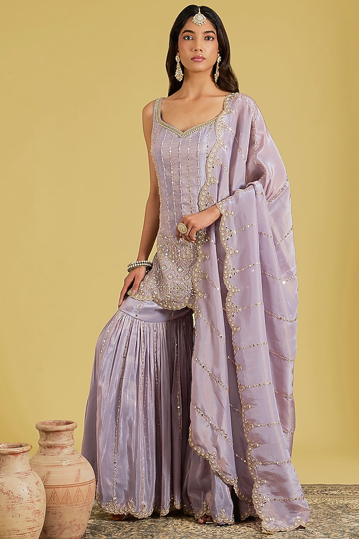 Lilac Tissue Embroidered Gharara Set by MeenaGurnam at Pernia's Pop Up Shop