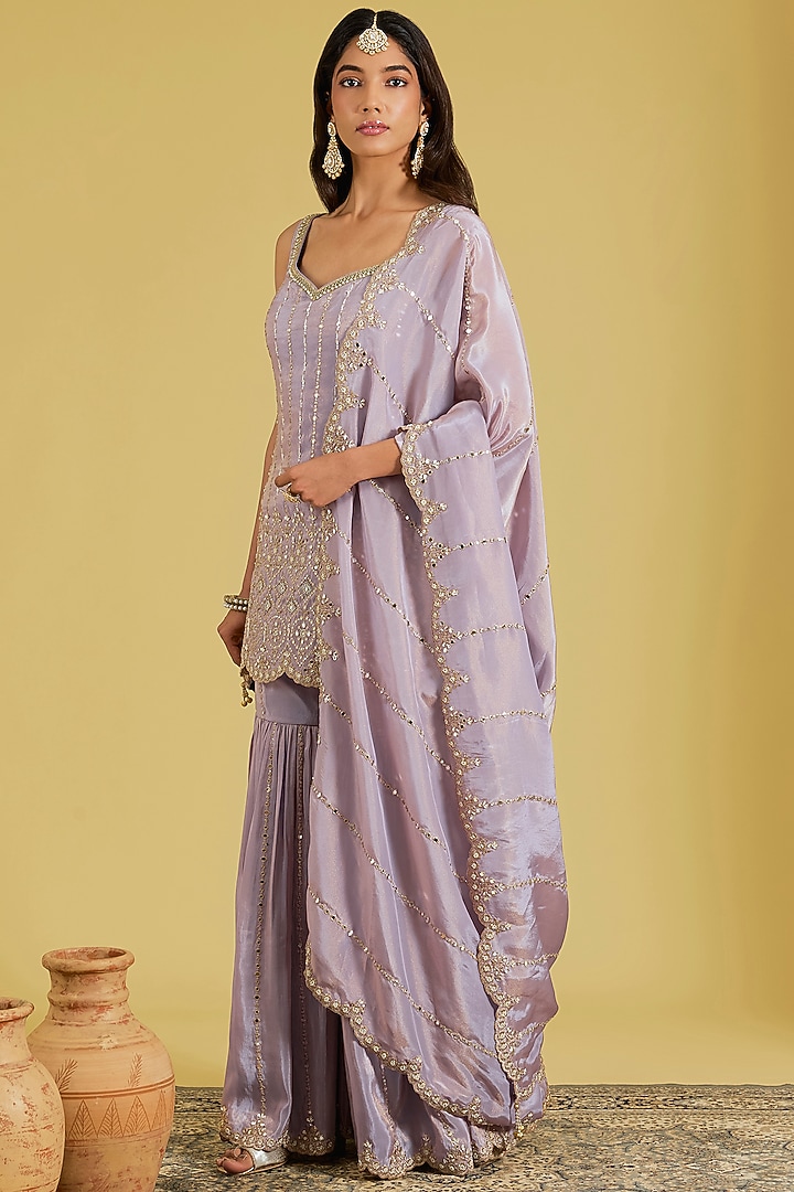 Lilac Tissue Embroidered Gharara Set by MeenaGurnam at Pernia's Pop Up Shop